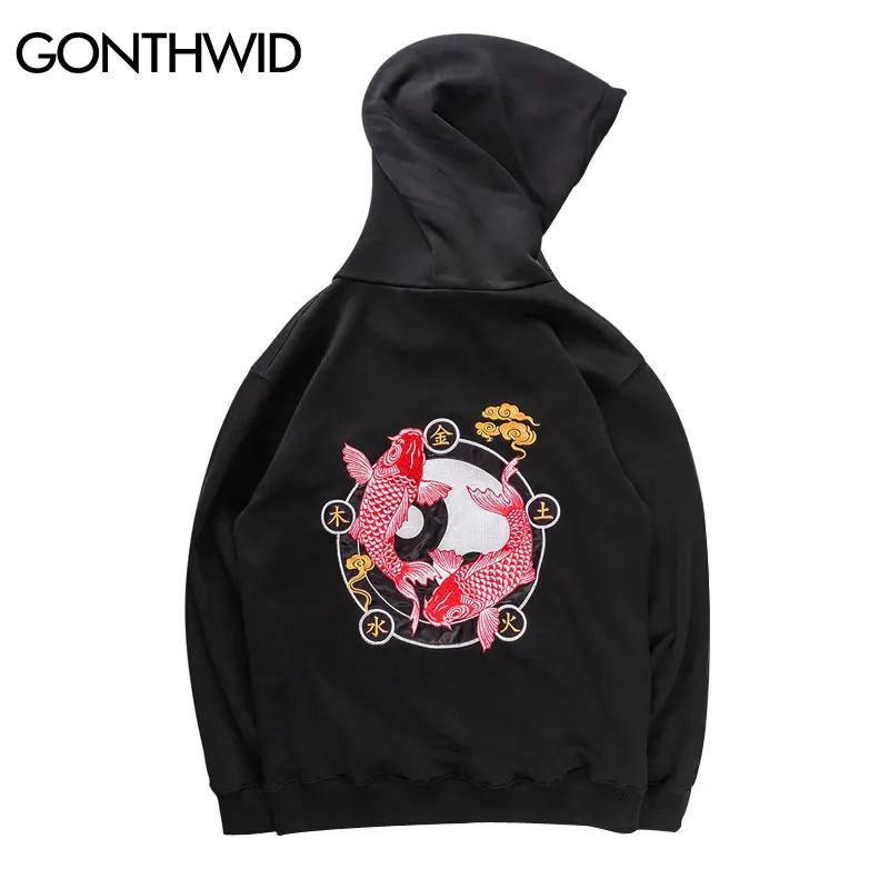 GONTHWID Harajuku Тай Чи вышитые карп кои рыбы толстовки модные хип хоп Повседневный