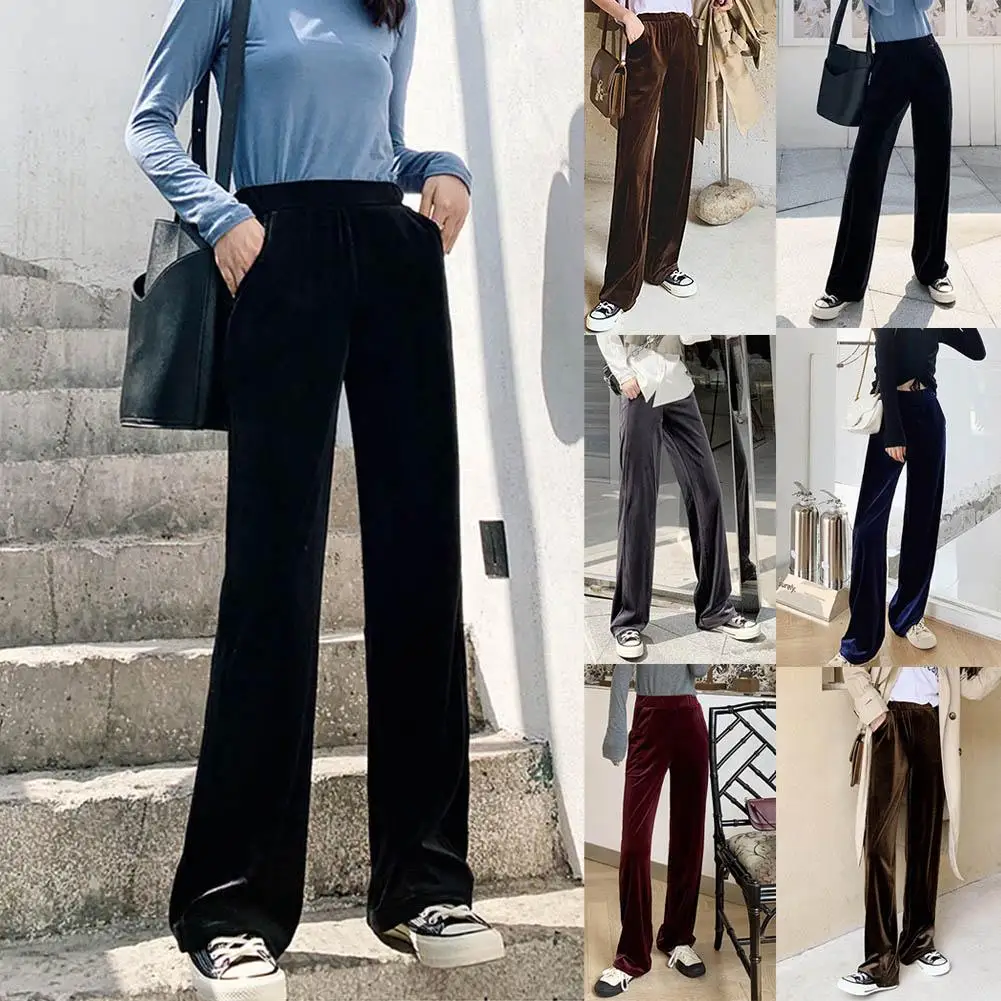 Женские золотые бархатные широкие брюки свободные прямой с высокой талией