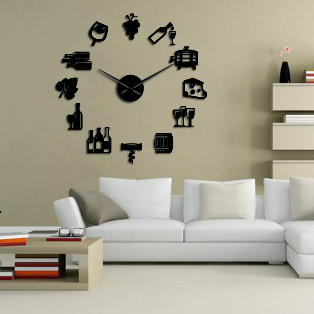 

Cheese and Wine Modern Frameless DIY Giant Silent Wall Clock Alcoholic Drink Pub Bar Sign Cork Screw Decorative Wall Watch