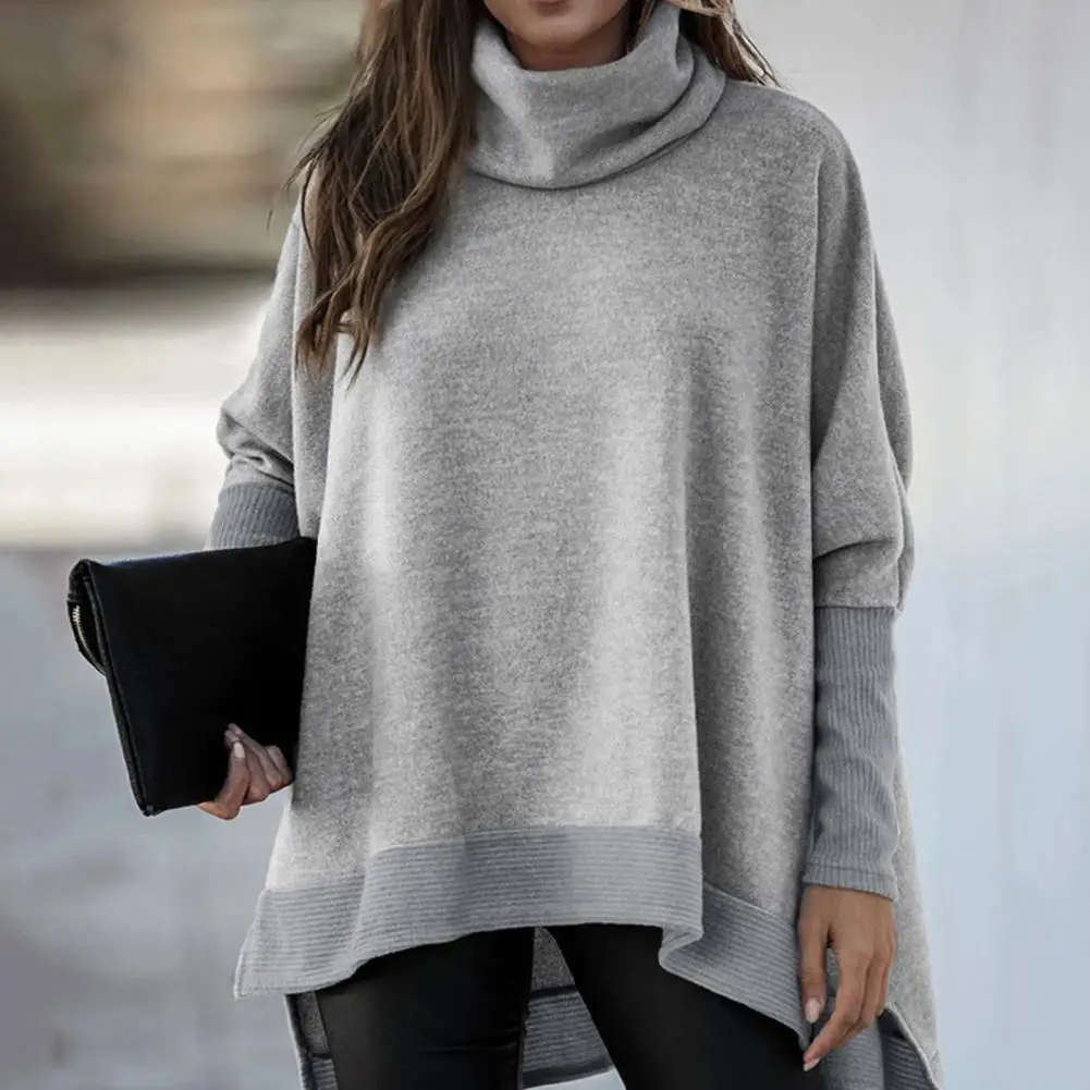 

2021Women Autumn Long Batwing Sleeve Sweater Solid Color Lady Sweater Casual Loose Side Split Turtleneck Sweater Pullover Blouse