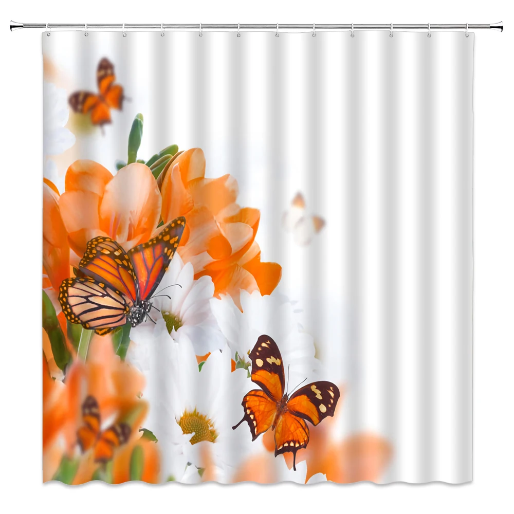 flower butterfly shower curtains floral plant spring scenery home bathroom decor waterproof polyester fabric bathtub curtain set free global shipping