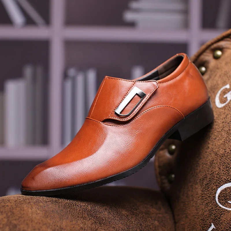 

Spring and Autumn Newest Men's Business Dress Shoes Pointed Velcro Men's Leather Shoes Thick-soled Non-slip Zapatos De Hombre