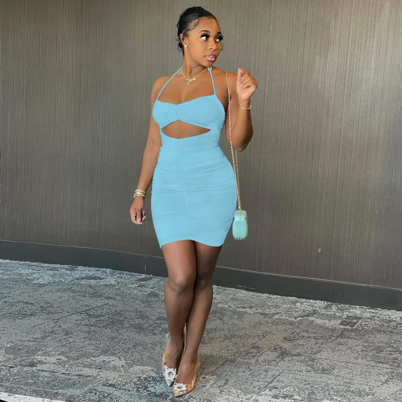

Hollow Out Halter Dresses Women Sexy Slim High Waist Mini Dress Women Bodycon Summer Street Party Nightclub Wrap Dress Lady 2021