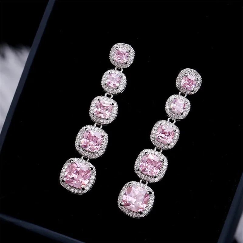 

Luxury Cube Cubic Zirconia Pendant Earrings For Women Elegant Temperament Long Earrings 2021 Fashion Wedding Dangle Jewelry