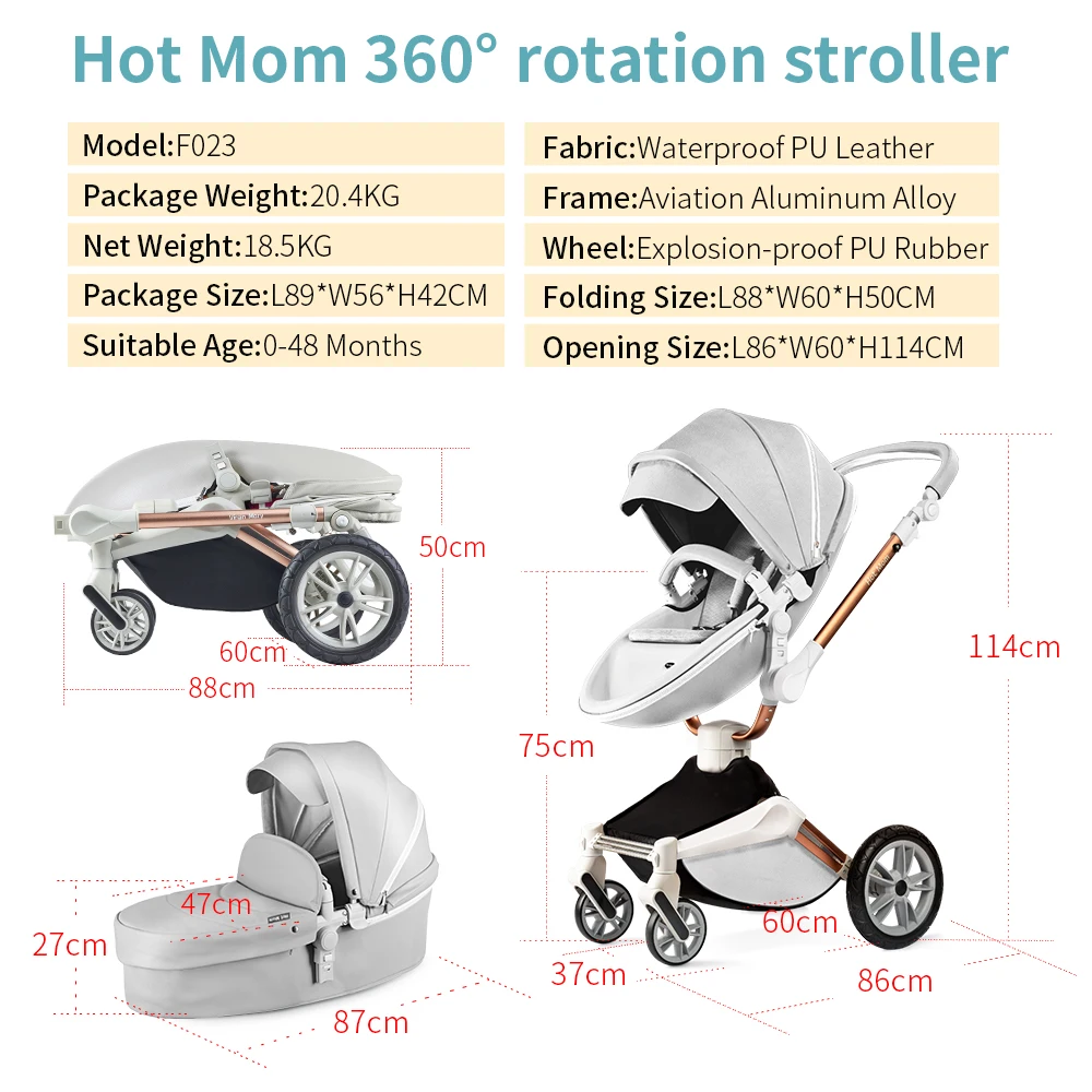 Hot Mom Baby Stroller 3 in 1 travel system with bassinet and car seat，360° Rotation Function children stroller,Luxury Pram F023 images - 6