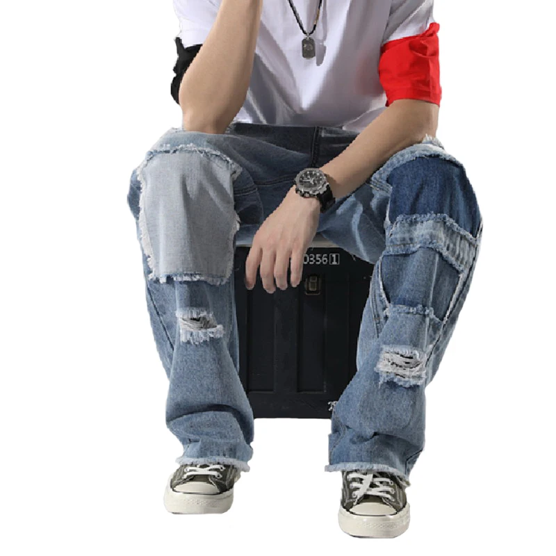 

Джинсы Ins мужские рваные в стиле пэчворк, свободные прямые джинсы с дырками, модные брюки из денима в стиле хип-хоп для скейтборда, весна-лето