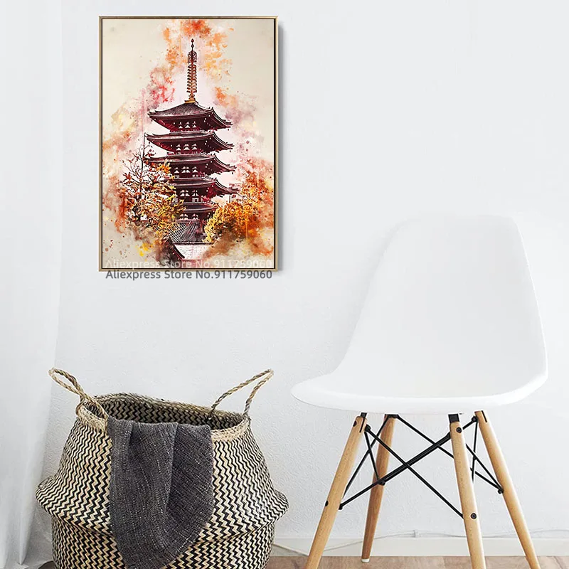 Sensoji храм из Токио Япония с акварелью картина плакат и печать Декор Картина Холст