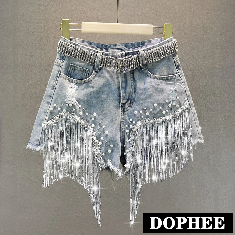 

Female Denim Shorts 2022 Summer New High Waist Slimming Heavy Beaded Sequin Fringed Ripped Wide Leg Pants Jeans Shorts