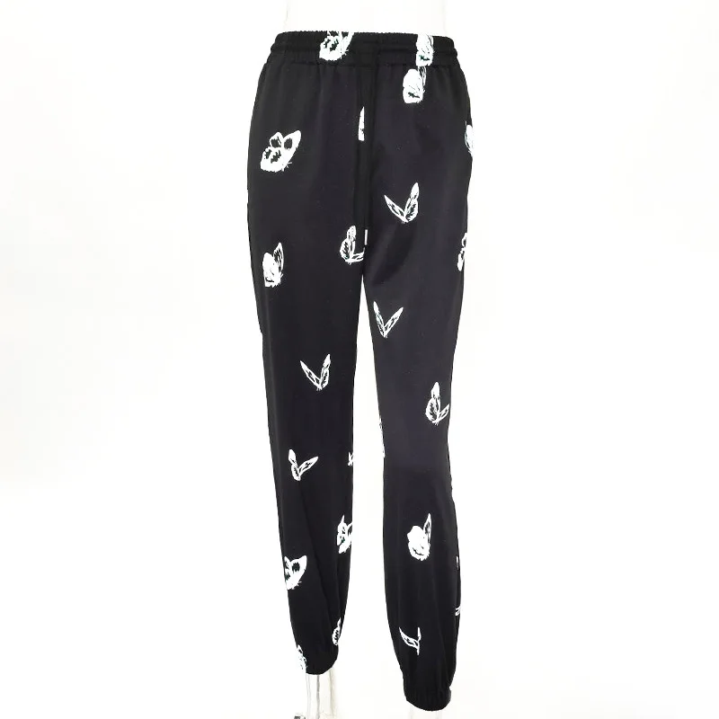 2020 женские брюки с принтом бабочки высокая талия свободные черные WDC4698 | Женская