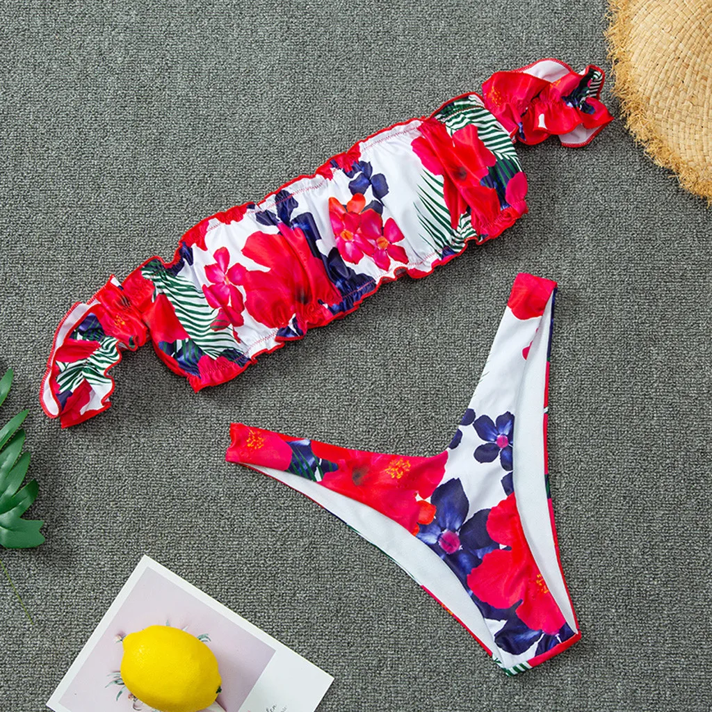 Женский раздельный купальник с оборками открытыми плечами и цветочным принтом