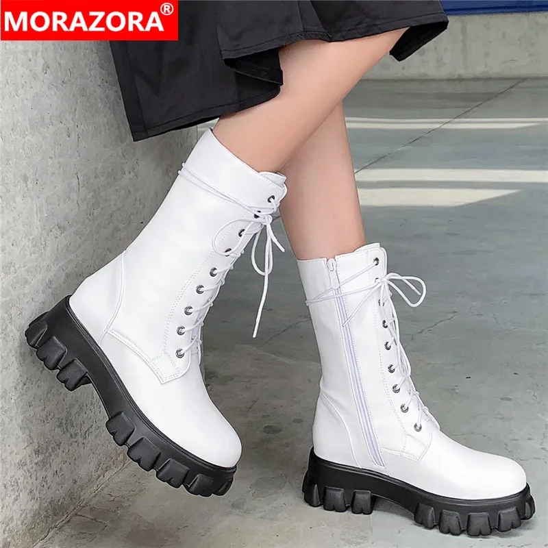 Женские сапоги до середины икры MORAZORA черные однотонные на платформе шнуровке