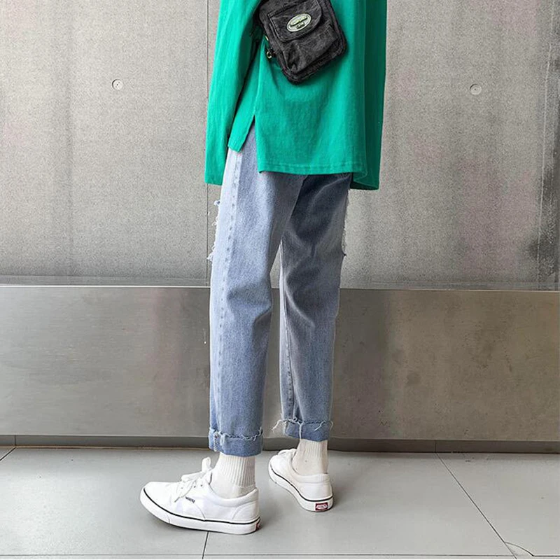 

2021 Summer Men's Perforated Jeans Men's Korean Fashion Straight Student Casual Pants