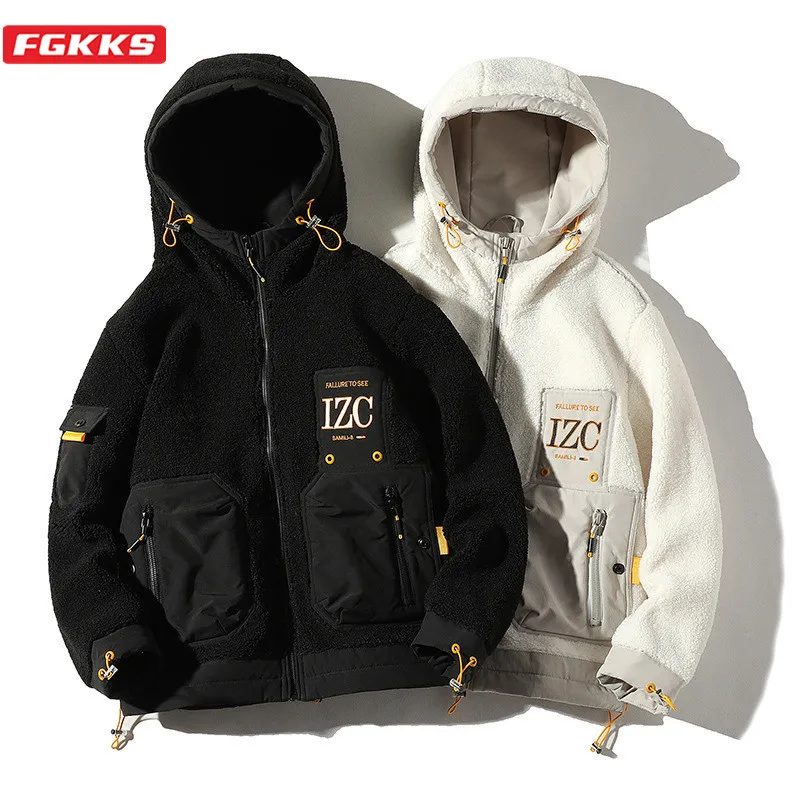 Мужская куртка на молнии FGKKS теплая с карманами и капюшоном в стиле пэчворк