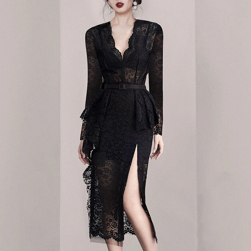 

2020 Summer Sexy Party Dress Women High Split Bodycon Dress sleeveless High quality Ruffles Lace Dress with belt