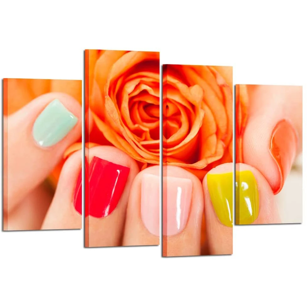 

4 Pieces Orange Roses Nail Varnish Beauty Hand Spa Salon Wall Art Canvas Poster Pictures Paintings for Living Room Home Decor