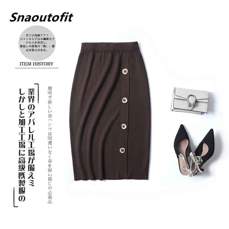 

Snaoutofit Spring Autum New High Waist Ladies Mid-Length Bag Hip Split Over The Knee Elegant Thin Single-Breasted One-Step Skirt
