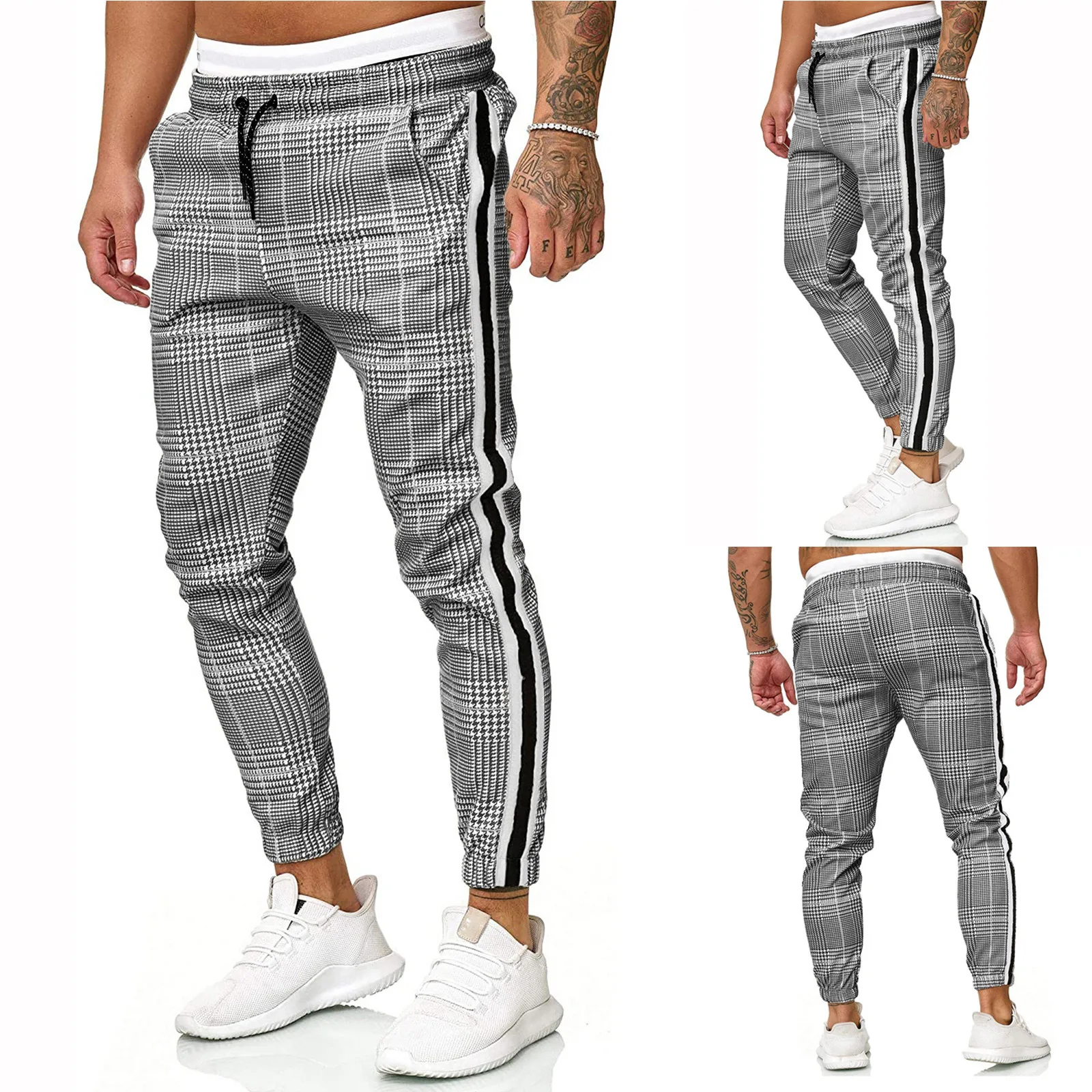 

Men's Fashion Elastic Waist Outwear Trousers Long Casual Sport Pants Slim Fit Plaid Trousers Running Joggers Sweatpants