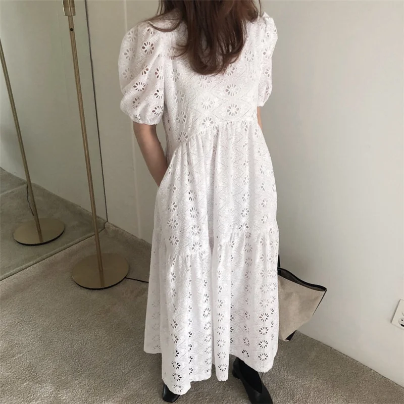 

Qooth Summer Solid Elegant Lace Hollow Cut Dress O-neck Puff Sleeve Office Lady Dress All Match Sweet High Waist Dress QT752