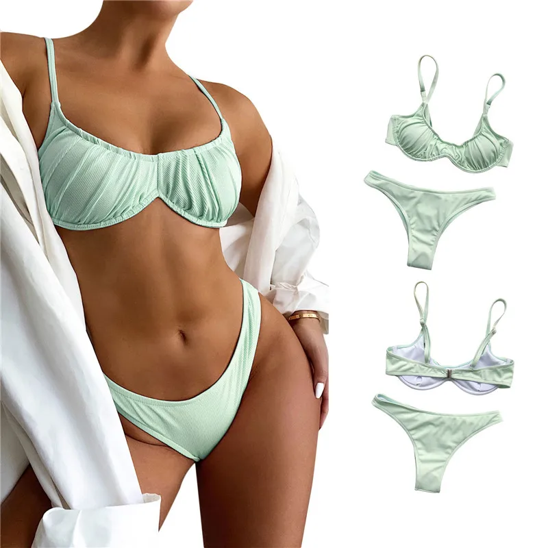 

Female Swimsuit Low Waist Bikini Set 2021 Women Solid Color Swimwear Split Two-pieces Bikini Holiday Pleated Bather Bathing Suit
