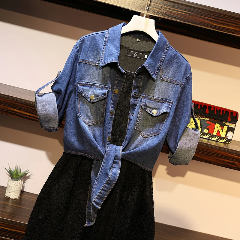 Женский джинсовый топ и черное платье размера плюс 5XL 2019 комплект из двух