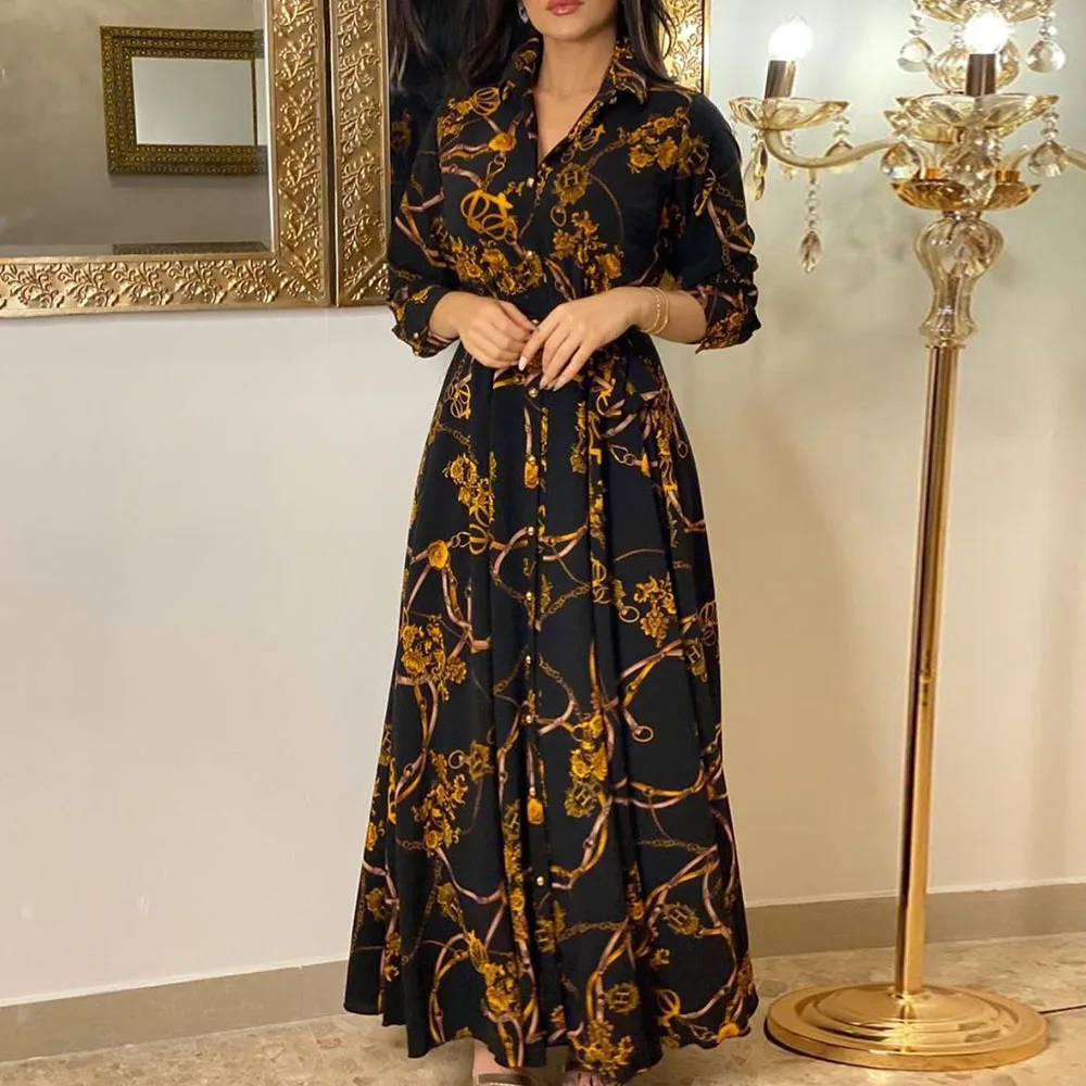 

2021 Autumn Winter New Fashion Casual Dress Printing Design Single-breasted Long Sleeve Lapel Retro Grace Muslim Long Dress