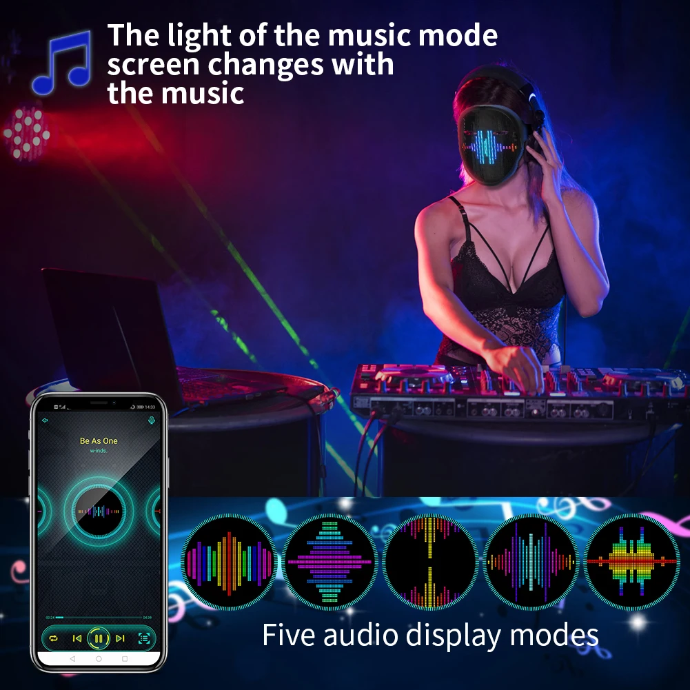 Изображение маски со светодиодной подсветкой Bluetooth мультяшный текст Хэллоуин