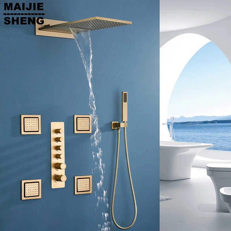 

Матовая золотая классическая квадратная насадка для душа для ванной комнаты, термостатический переключатель, дождевой смеситель для душа