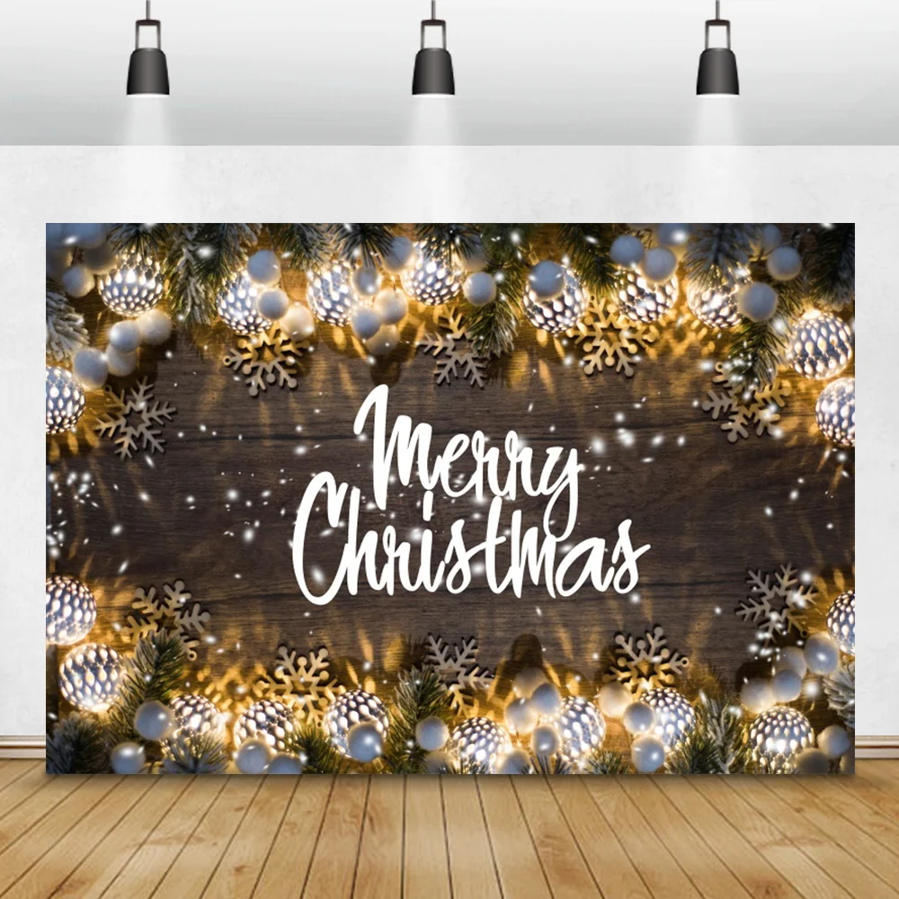 

Merry Christmas Wooden Boards Background Pine Leaves Sliver Balls Winter Snowflake Pattern Photography Backdrop Photocall Poster