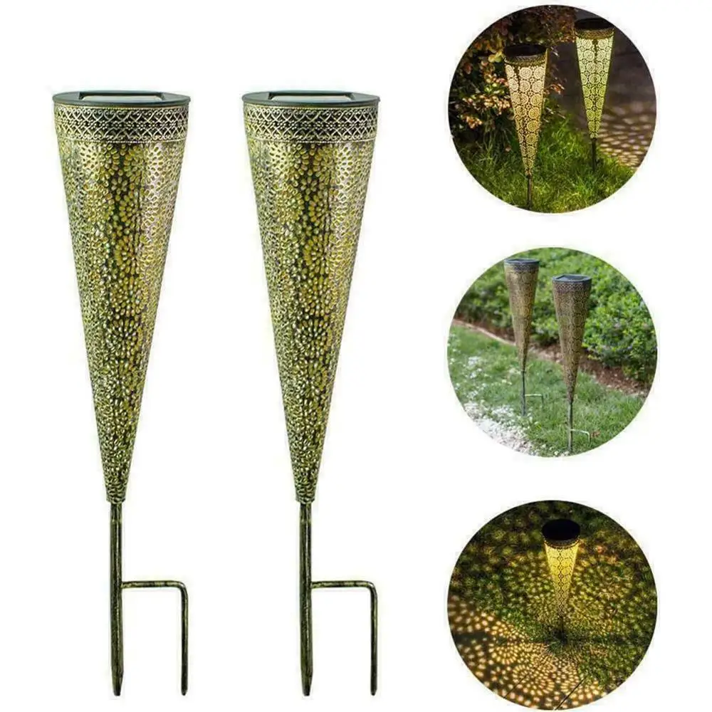 

Yonntech 2pcs Solar Light Walkway Lamp Metal Stake Light Filigree Patio Pathway Hollow Landscape Waterproof Columns Pole Light