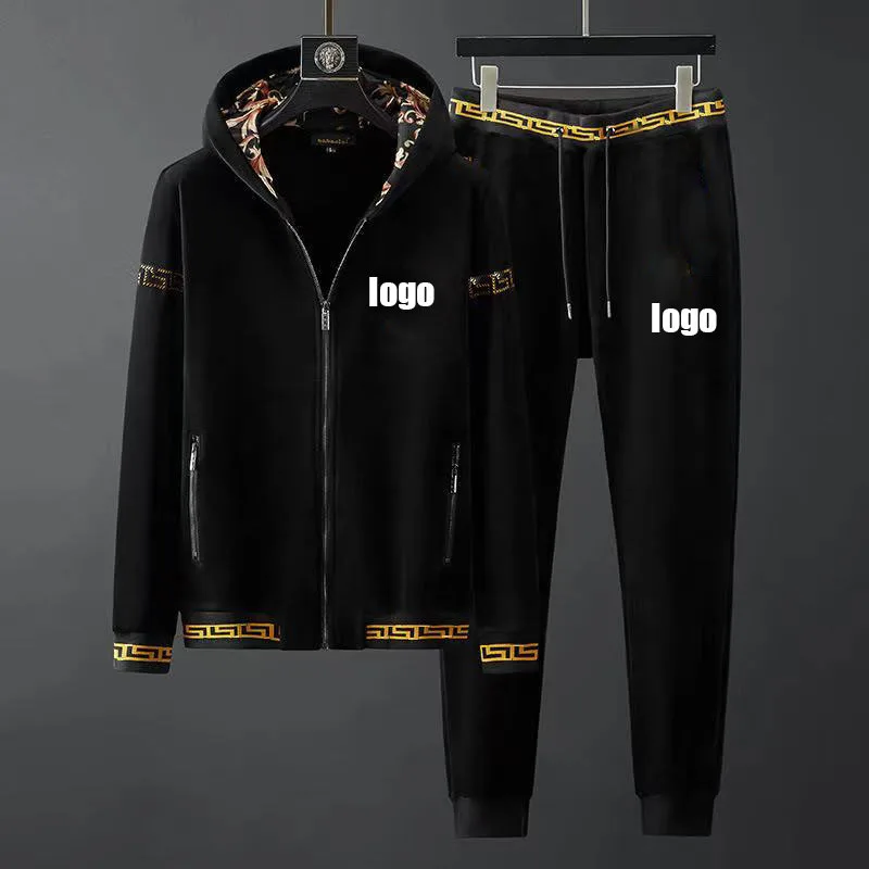 

European autumn and winter men's high-end luxury double-sided embroidery thick fleece hooded sweater casual sports suit