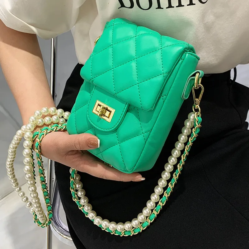 

Green Small Flap Shoulder Bag Female Diamond Lattice Crossbody Bag Pearl Chain Handbags Luxury Leather Women's Messenger Bag Sac