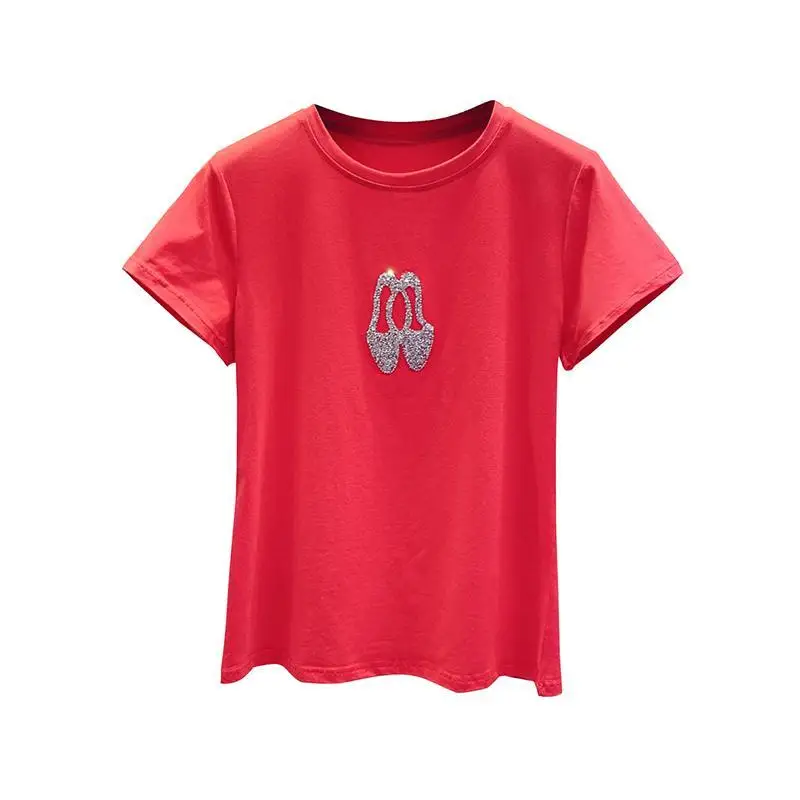 

2021 spring and summer Korean wind loose red hot drill cotton short sleeve T-shirt women