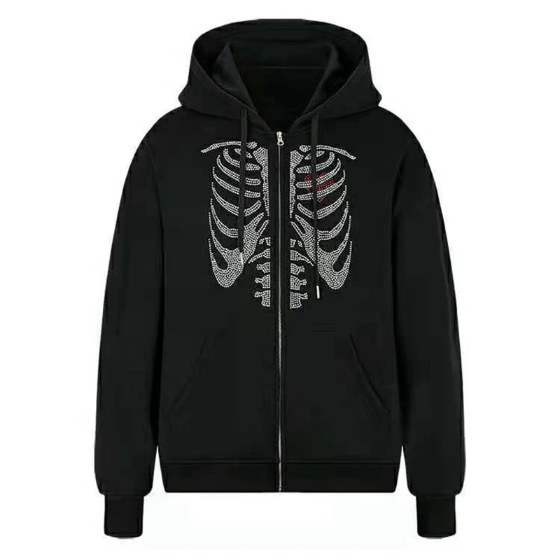 

Gothic Vintage Oversized Hoodies Y2K Aesthetic Diamonds Skull Print Long Sleeve Sweatshirts 90s Women Jacket Coat Grunge Clothes