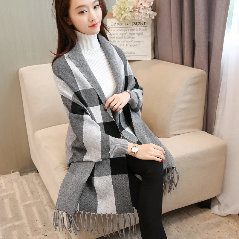 Плащ с кисточками шаль пальто женский осенний и зимний Корейский клетчатый