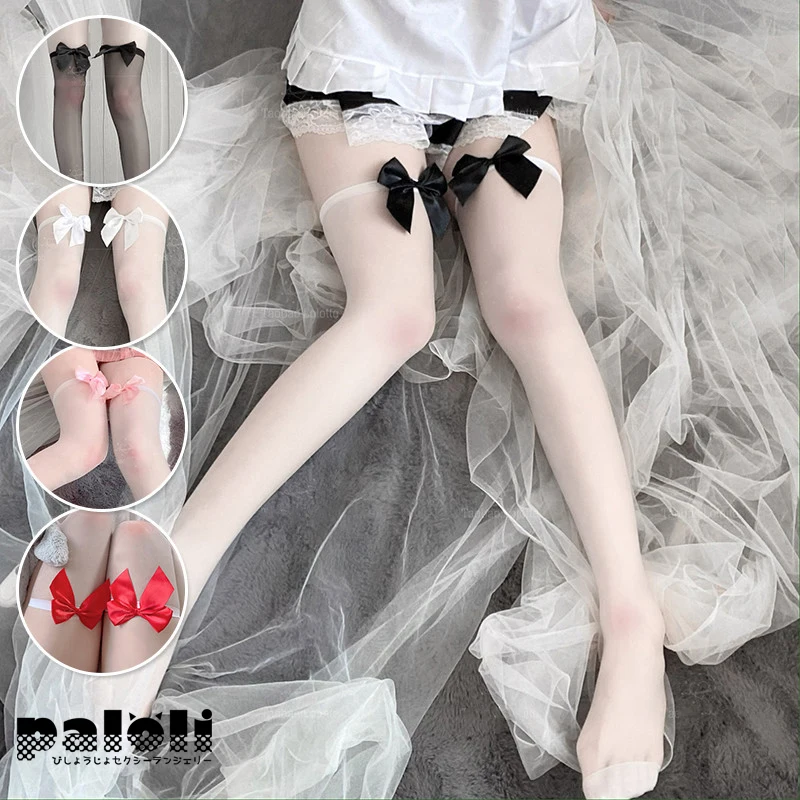 

Sexy Transparent Stockings With Pure Lovely Over Knee Bow Kawaii Suspender Tight High Nylon Stretchy Silk Stockings For Girls