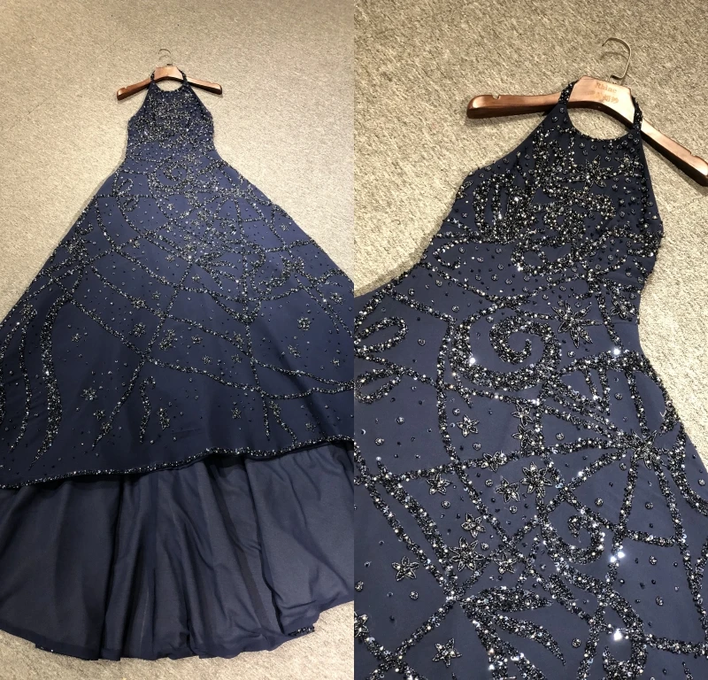 

ZuhairMurad 100% реальные фотографии Темно-Синий Холтер без рукавов Роскошные Тяжелые бусины трапециевидной формы длиной до пола Официальные Вече...