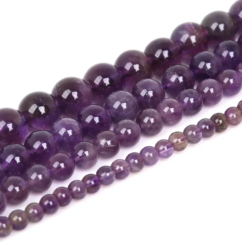High Quality Natural Stone Purple Amethysts Crystals Round Loose Beads 15" Strand 4 6 8 10 MM Pick Size for Jewelry Making
