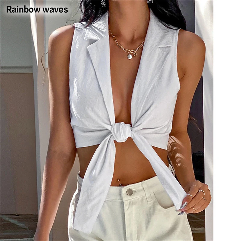 

Rainbowwaves Bow Sexy Women Corset Tank Tops Sleeveless Blouse Strap Design Short Shirt Fashion Females Crop Top Clothes