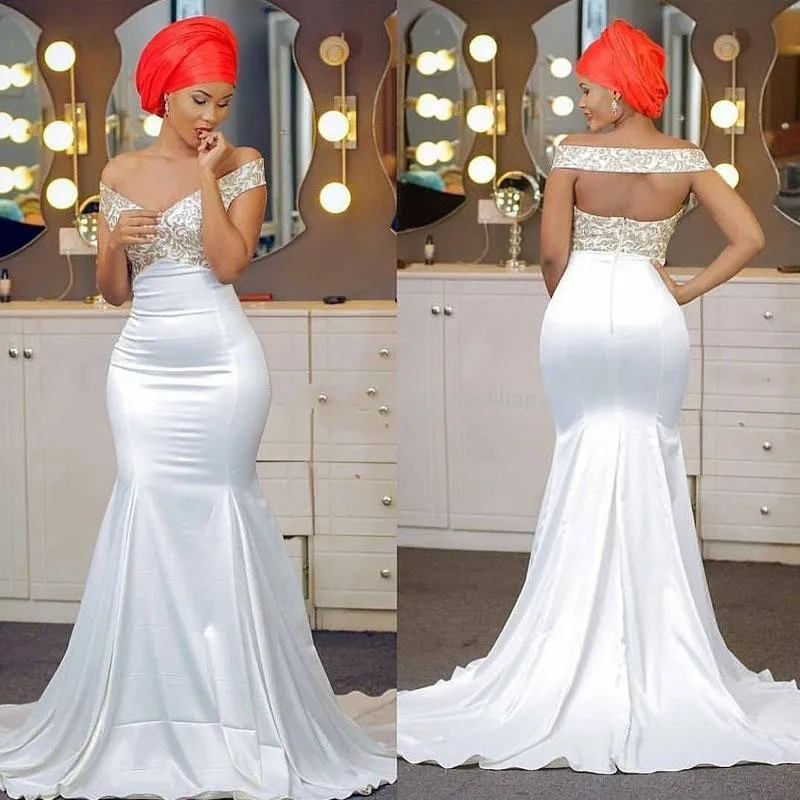 

White Off The Shoulder Mermaid Evening Dresses 2021 Appliques Lace Satin Backless Aso Ebi African Nigerian Prom Formal Gowns