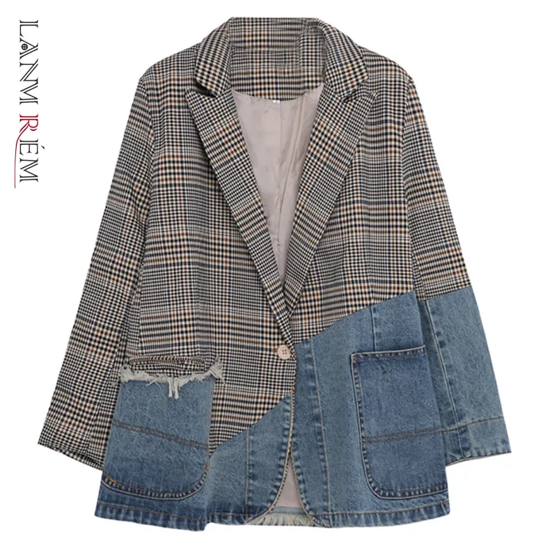 Женский джинсовый пиджак LANMREM Асимметричный свободный в клетку с отложным