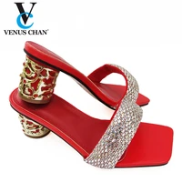 fashion 2021 special arrivals wedding red color nigeriain shoe ladies square toe low heel elegant sandals female elegant shoes