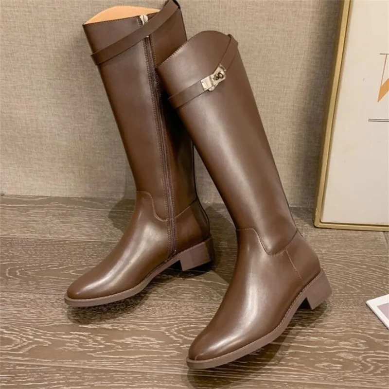 

Women's boots for fall/winter new style but thin knees thick heel high tube flat bottom metal lock knight boots botas de mujer