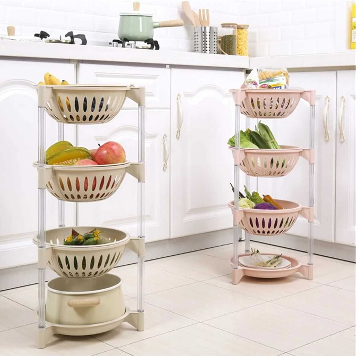 4 Layer Plastic Kitchen Shelf Storage Basket Fruit Snacks Vegetable Storage Basket Detachable Kitchen Floor Standing Rack