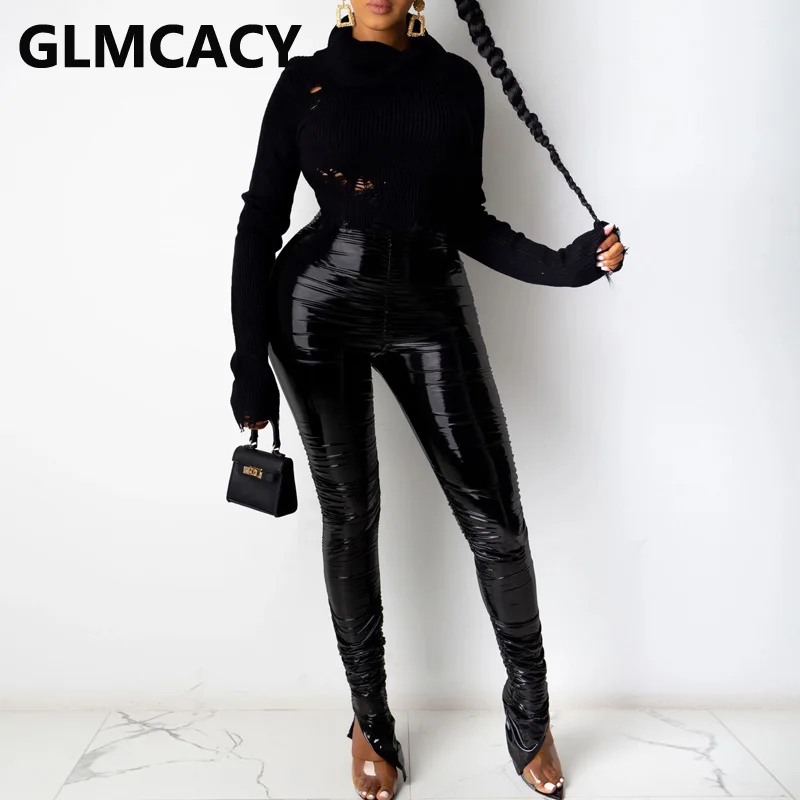 

Women High Waist Skinny Slit PU Pants