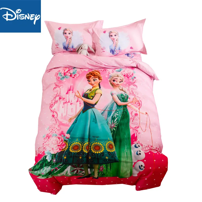 

Pink Frozen cartoon bed sheet set 4pc girl kids bedings Elsa comforter cover 3d cotton sanding bedpreads queen full size hot