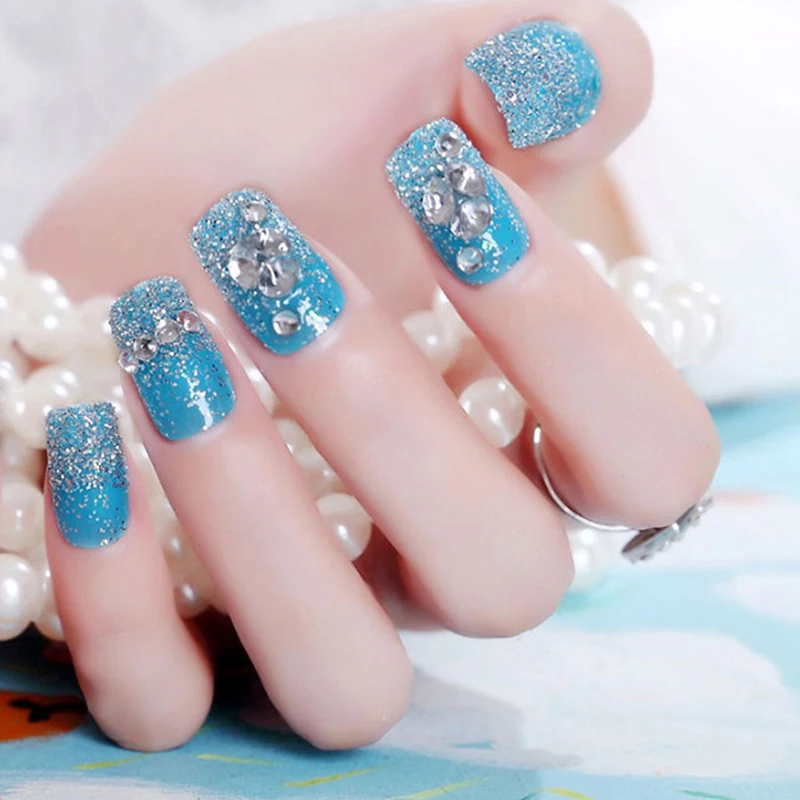 Женские короткие полностью покрывающие блестящие синие 3D накладные ногти для