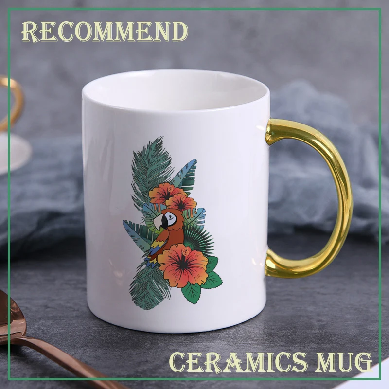 

Tropical leaf Parrot Ceramic Mug Creative tazas Mugs With Handle Coffee Tea Milk Breakfast Cups drinkware Nice Gifts KTZW-057