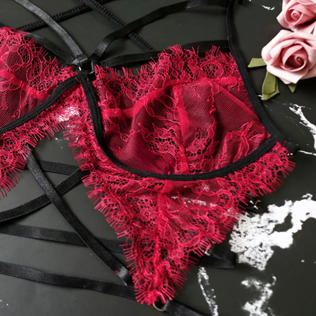New underwear set plus garter ladies sexy M-3XL large size wireless bra without steel ring Lace red lingerie 30* | Женская одежда