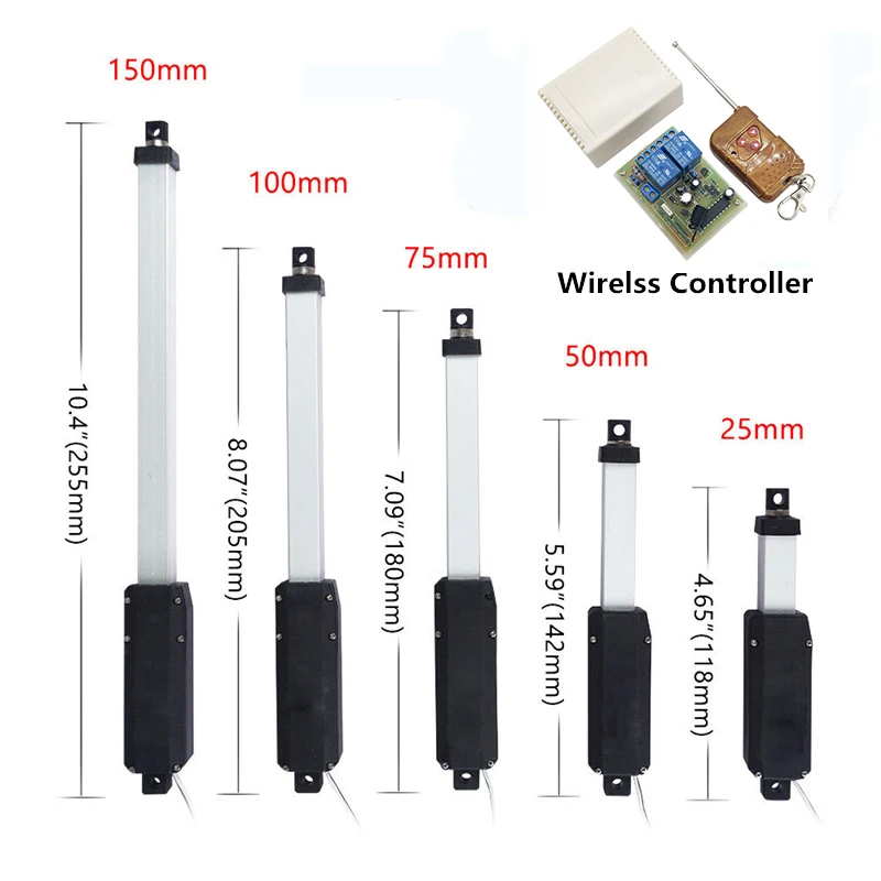 

DC Linear Actuator 12V 20N 15mm/s Stroke 25mm 50mm 75mm 100mm 150mm Telescopic Rod Push Electric 12 V Remote Wireless Controller