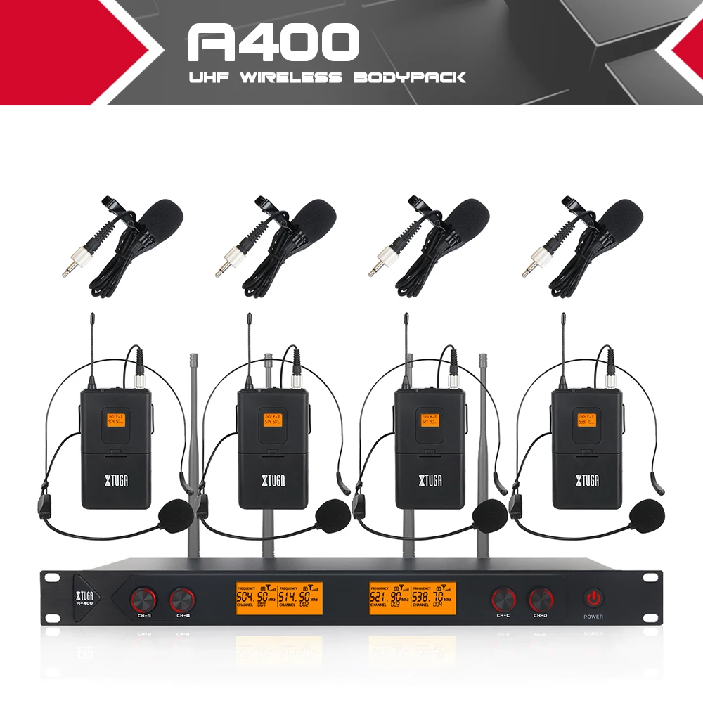 XTUGA A400, металлический материал, 4-канальный UHF беспроводной микрофон, система с 4 корпусами, используется для сцены, церковные, вечерние
